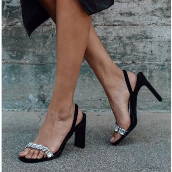 Lulus Shoes - Linden Black Suede Rhinestone High Heel Sandals